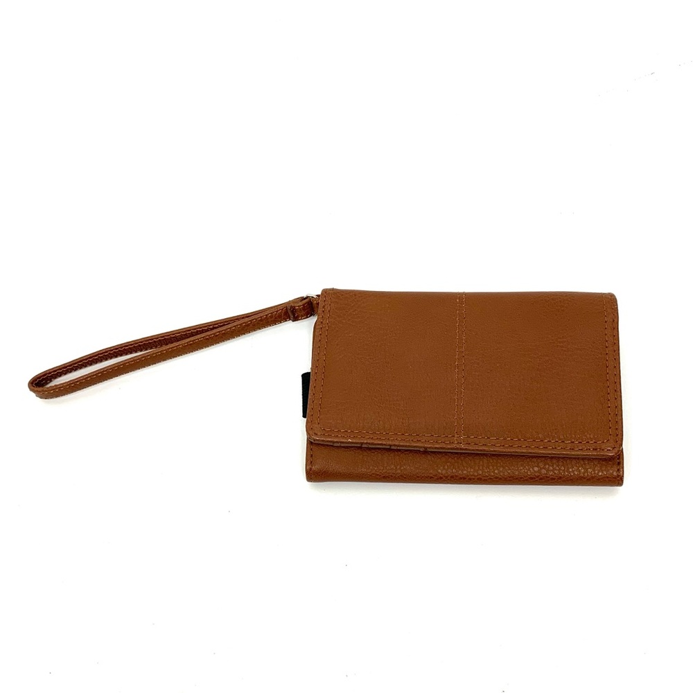 Brown Faux Leather Wristlet Wallet With Button Snap Closure & Zippered Coin Slot